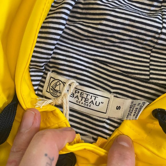PETIT BETEAU French Classic Vintage Style Yellow Striped Hooded L/S Rain Coat - Picture 8 of 9